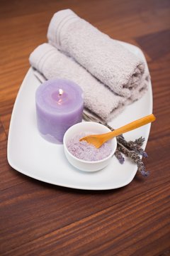 Spa objects on wooden table