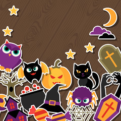 Happy halloween greeting card with flat sticker icons.