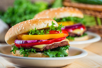 homemade hamburger with fresh vegetables, close up