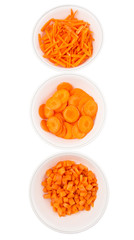 Different style of chopped carrots in white bowls