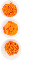 Different style of chopped carrots in white bowls