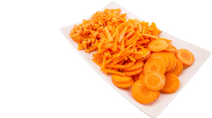 Different style of chopped carrots in white plate 