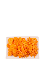 Different style of chopped carrots in a plate 