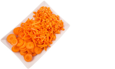 Different style of chopped carrots in a plate 