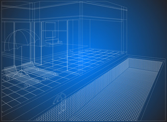 Wireframe home exterior on a blue background