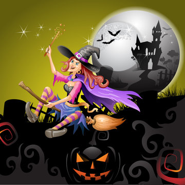Halloween witch flying in broom