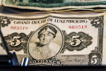 Old Luxembourg bank note 5 francs, duchess Charlotte