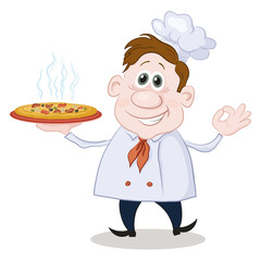 Cartoon cook chef with a hot pizza