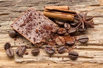 Composition of chocolate sweets, cocoa, spices and coffee bean o