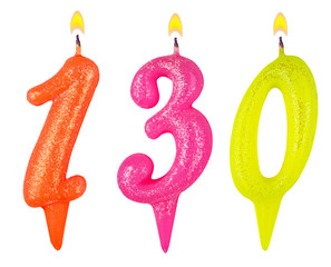 candles number one hundred thirty isolated on white background