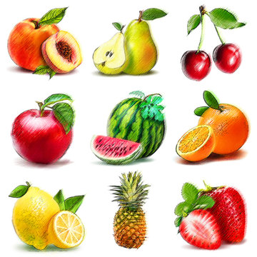 Set of fruits. Digital graphic like pastel freehand drawing.