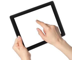 Woman hands hold and touch tablet PC on white background . © rvlsoft