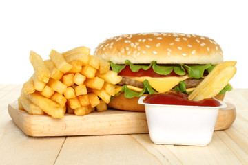 Hamburger, potato free with tomato sauce on white background .