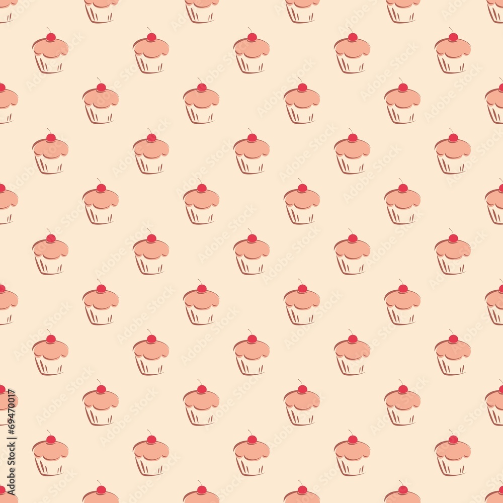 Poster tile vector pattern with cherry cupcakes on beige background