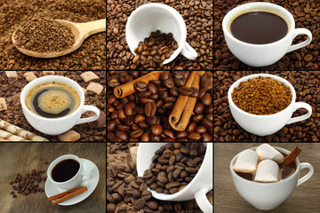 Coffee collage with beans, cinnamon and sweets .