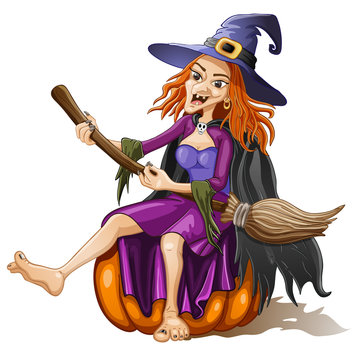 Funny witch sits on a pumpkin