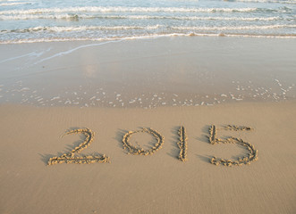 Year 2015 hand written on the white sand in front of the sea