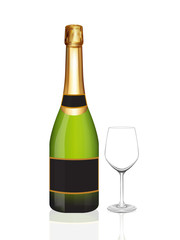 Champagne green bottle and champagne glass on white