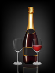 Champagne red bottle and two champagne glass on black