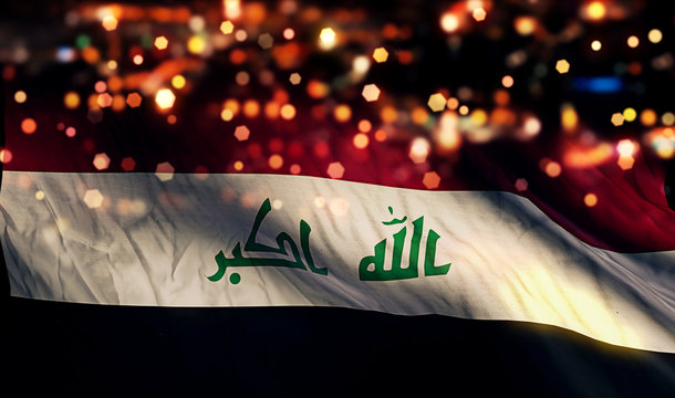 Iraq National Flag Light Night Bokeh Abstract Background