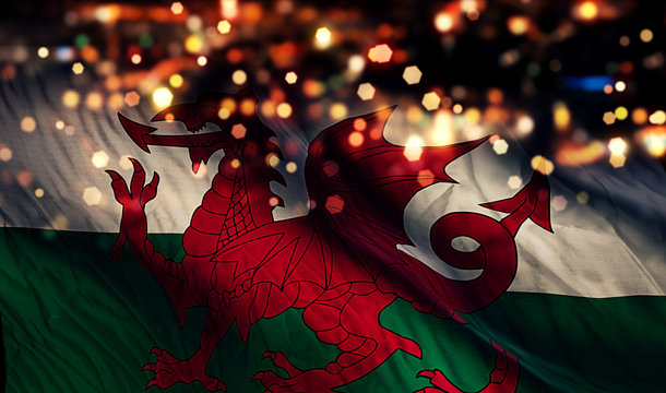 Wales National Flag Light Night Bokeh Abstract Background