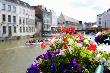 Fototapeta na wymiar Beautiful Graslei along the river in Belgian city of Ghent