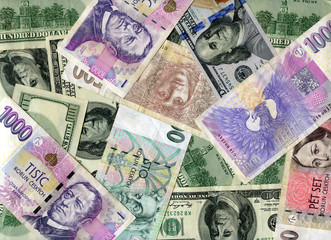 Fototapeta na wymiar Background. US dollars and Czech koruns