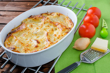 Lasagne bolognese in a baking dish
