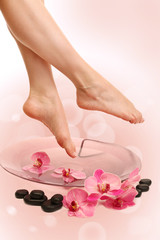Obraz na płótnie Canvas Female feet in spa bowl with water on bright background