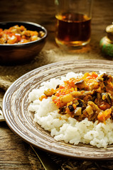 rice with sauce of eggplant, peppers and tomatoes
