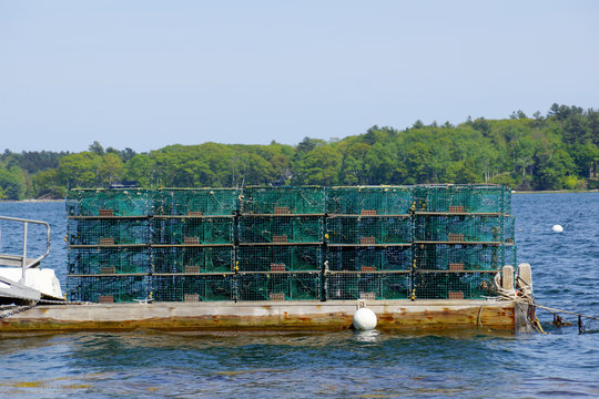 Lobster traps at a fishing pier in coastal Maine, New England