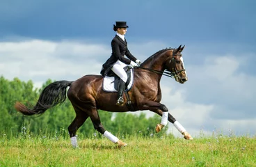 Foto op Plexiglas Vrouw rijdt op een paard op de heuvel. Paardensport - dressuur. © Rita Kochmarjova