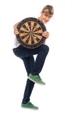 young man holding a dartboard on white background