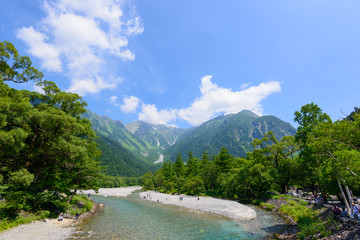 Fototapeta na wymiar Azusa river and Hotaka mountains in Kamikochi, Nagano, Japan