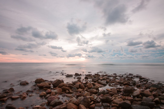 Fototapeta Tropical beach at beautiful sunset. Nature background