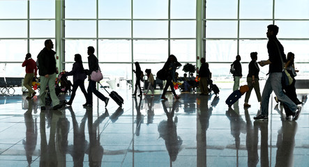 A large group of arriving passengers. Panorama. Airport. - obrazy, fototapety, plakaty