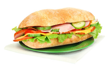 Fresh and tasty sandwich with ham and vegetables isolated
