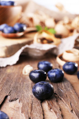 Wooden bowl of blueberries