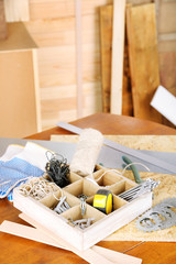 Working tools on table, in workshop