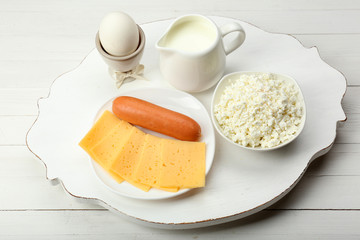 Fototapeta premium Delicious breakfast with milk, egg and cottage cheese