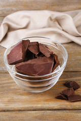 Cracked chocolate bar in glass bowl, on wooden background