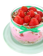 Healthy breakfast - yogurt with  strawberries and muesli served