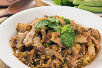 Thai cuisine spicy pork salad, Moo Nam Tok.