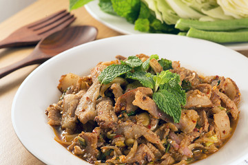 Thai cuisine spicy pork salad, Moo Nam Tok.