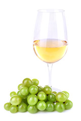 Tasty wine and ripe grape, isolated on white