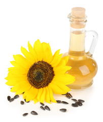 Sunflower with seeds and oil isolated on white