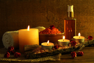 Composition with spa treatment on wooden background