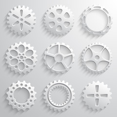 Gear wheels icon set. Nine 3d gears on a light gray background