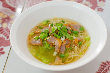 Noodles, Chinese egg noodles with red pork in hot soup