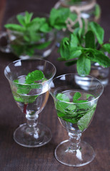 Mint in glass jar on wooden background